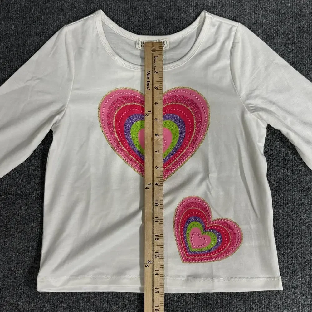 Hannah Banana Shirt Girls 8 White Heart Sequin Long Sleeve Graphic Top New